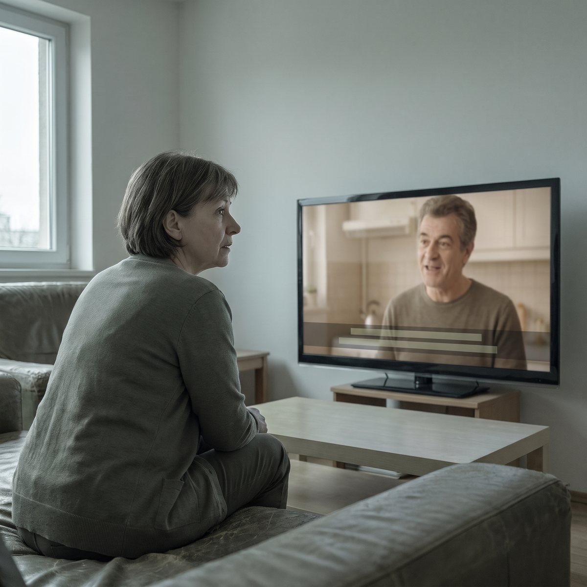 A woman sits forward on a sofa in a living room, listening to a television that plays an advertisement. A band of plain bars across the bottom of the screen stands for a notice.