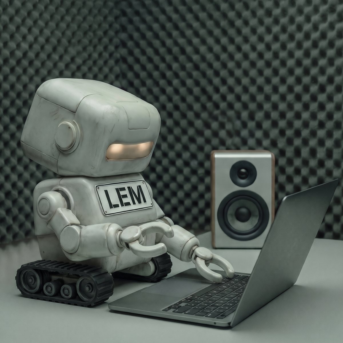 Lem, a small boxy robot on rubber treads with a large LEM name plate across their front, presses a laptop key with a two-pronged gripper. Beside the laptop a loudspeaker stands against a foam-paneled wall.
