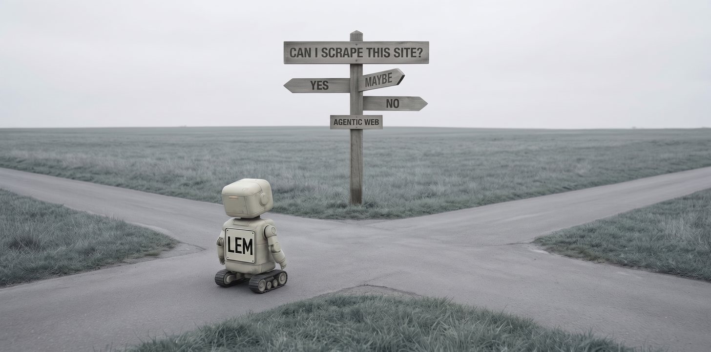 Lem, a small robot with a large LEM name plate across their back, seen from behind at a four-way crossroads, looking up at a wooden fingerpost. Its top board reads CAN I SCRAPE THIS SITE?, its arms read YES, MAYBE and NO, and a lower board reads AGENTIC WEB.