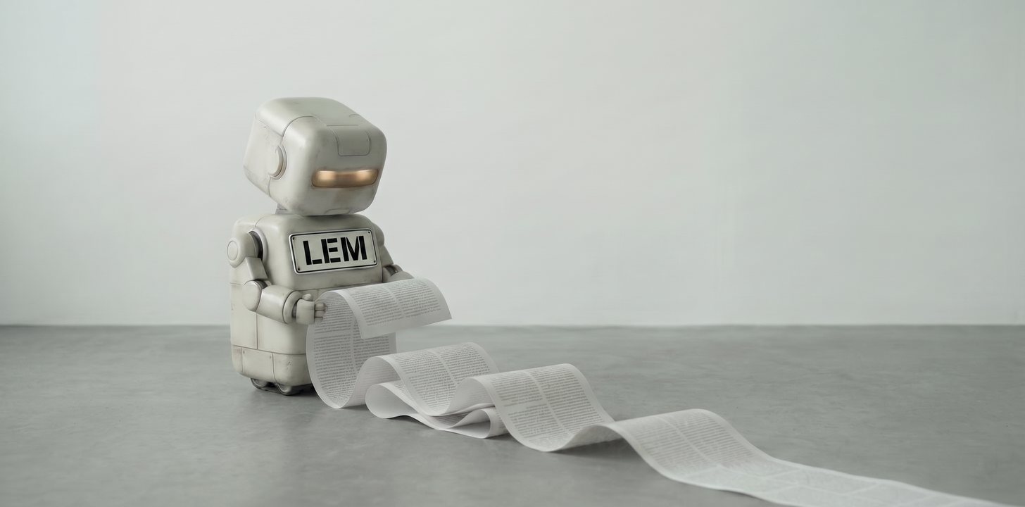 Lem, a small robot with a large LEM name plate across their front, stands in a bare grey room holding the end of a long printed contract that unrolls from their hands, folds across the floor and runs out of the frame.
