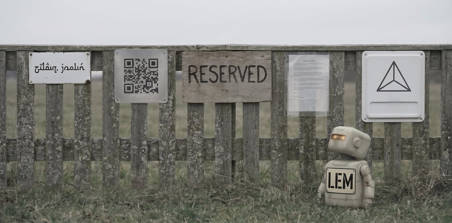 Lem, a small robot with a large LEM name plate across their front, sits at the foot of a weathered wooden fence carrying five different signs: an enamel plaque with unreadable lettering, a metal plate stamped with a machine-readable code pattern, a wooden board hand-painted RESERVED, a printed paper notice behind cracked plastic, and a moulded plastic sign bearing a geometric symbol.