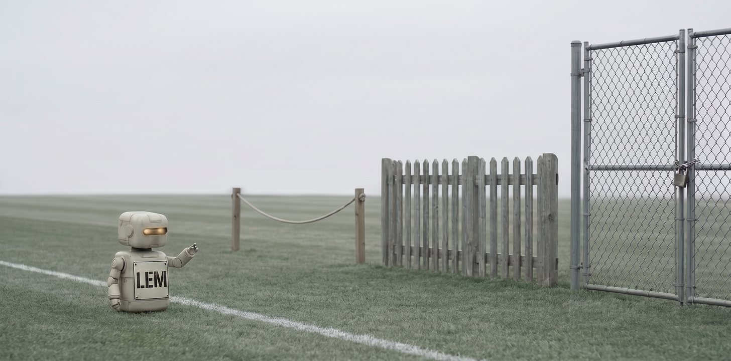 Lem, a small robot with a large LEM name plate across their front, stands on mown grass beside a painted white line, facing a row of barriers receding to the right: a rope slung between two posts, a weathered picket fence, and a padlocked steel gate in a chain-link fence.