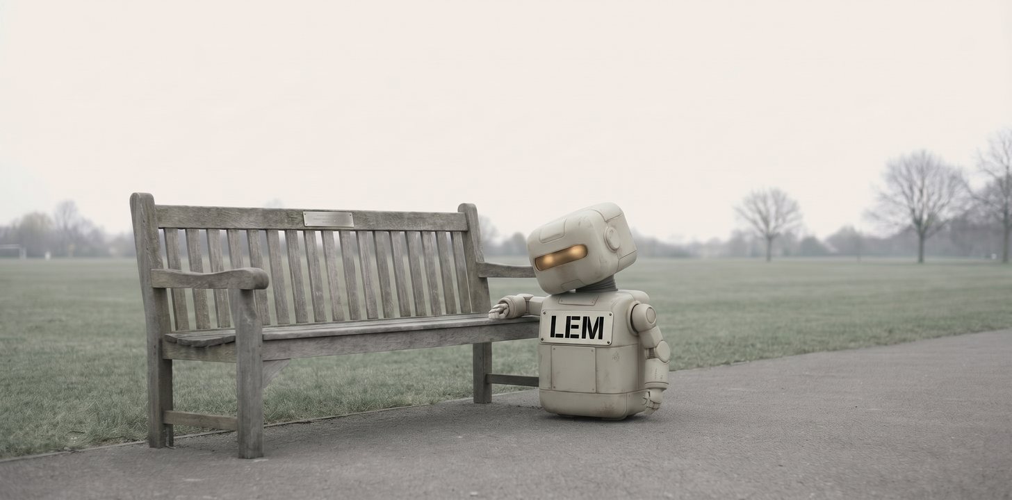 Lem, a small robot with a large LEM name plate across their front, stands on a path in an empty public park with one hand on the arm of a weathered wooden bench, leaning toward the small engraved memorial plaque fixed to its backrest.