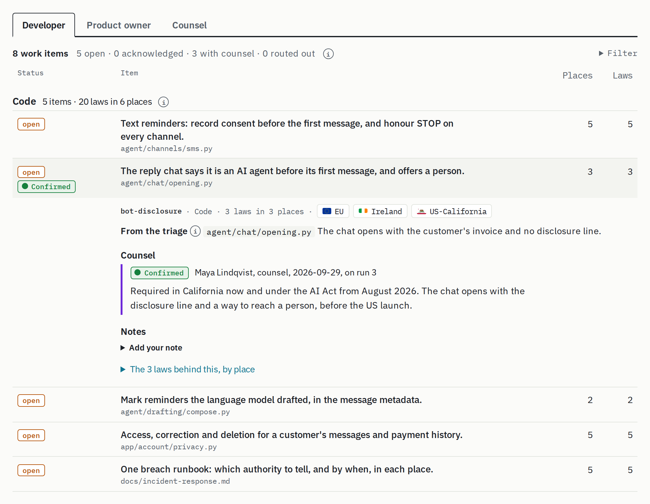 The Developer view of a Pennant run in My LexLint: the worklist, with one item open